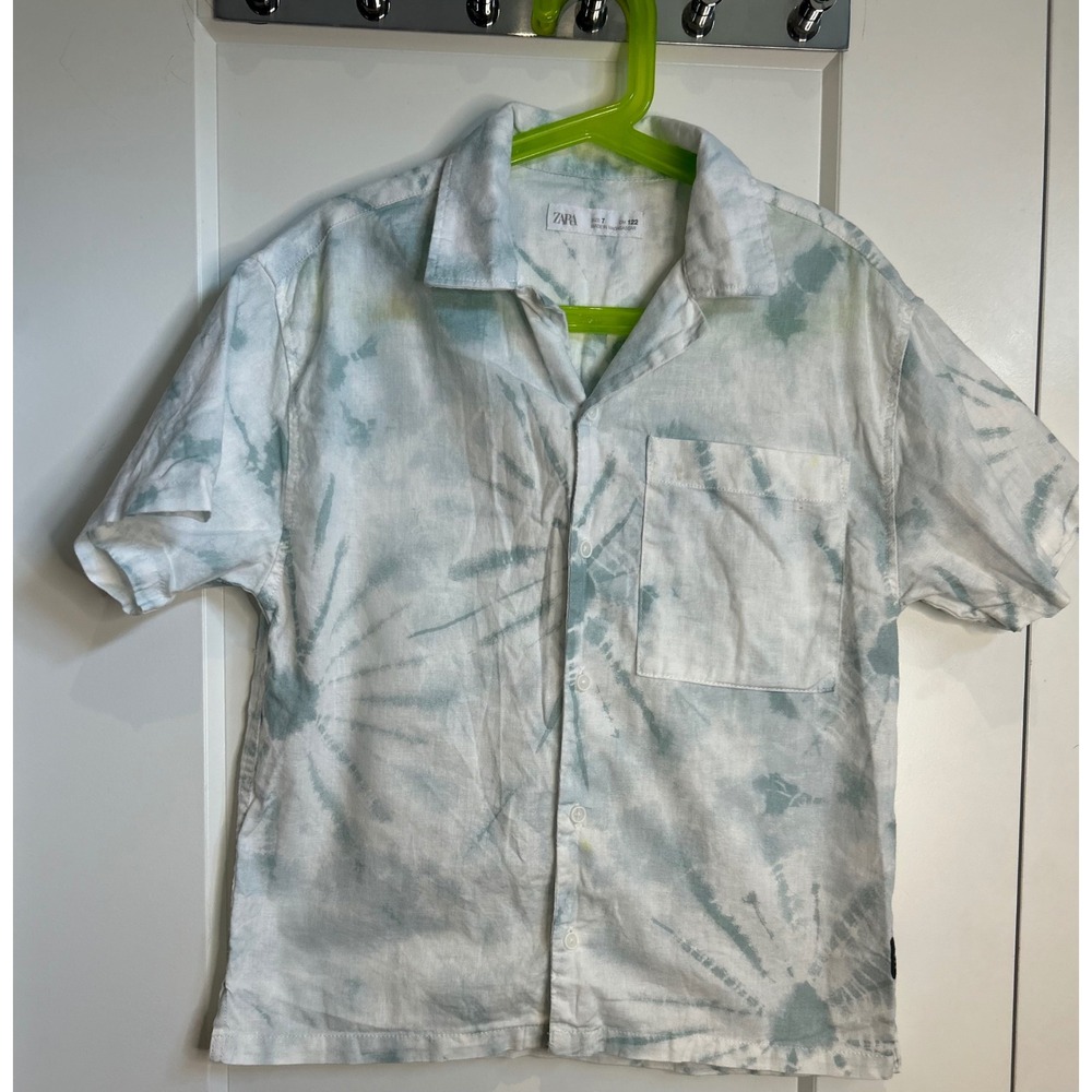 Zara Kids Boys Blue White Tie Dye Cotton Linen Short Sleeve Button Down Shirt 7